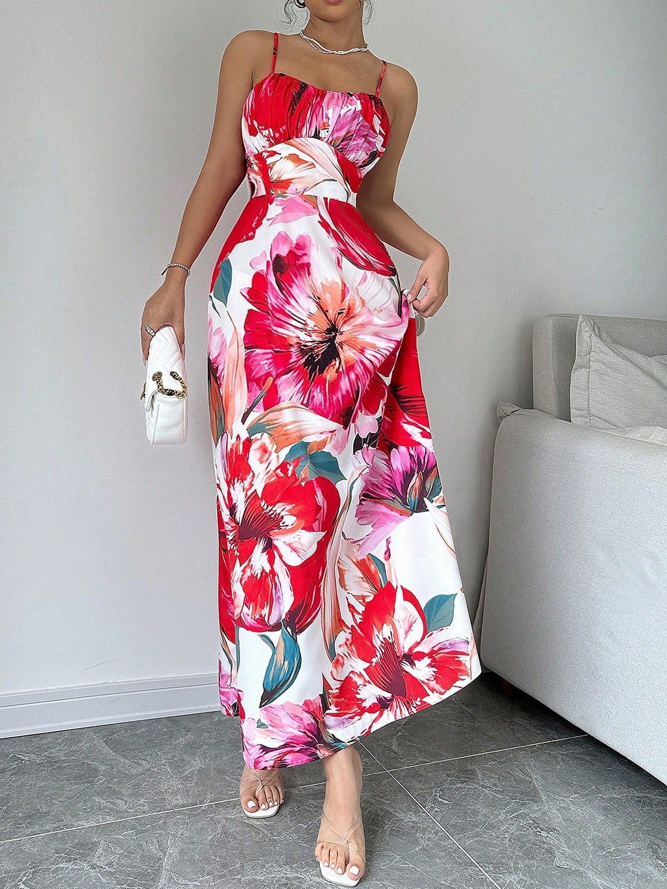 Calvaya Flower Print Slim Fit Spaghetti Strap Dress