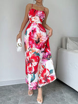 Calvaya Flower Print Slim Fit Spaghetti Strap Dress