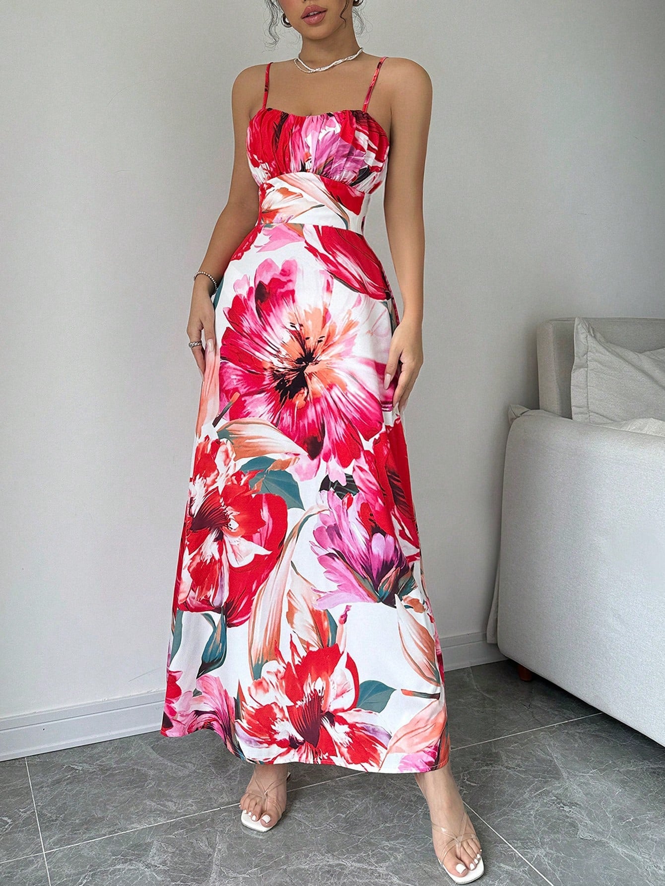 Calvaya Flower Print Slim Fit Spaghetti Strap Dress