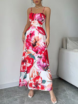 Calvaya Flower Print Slim Fit Spaghetti Strap Dress