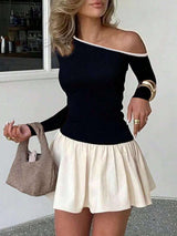 Calvaya Women's Fashionable Two-Tone Off Shoulder Fitted Long Sleeve T-Shirt