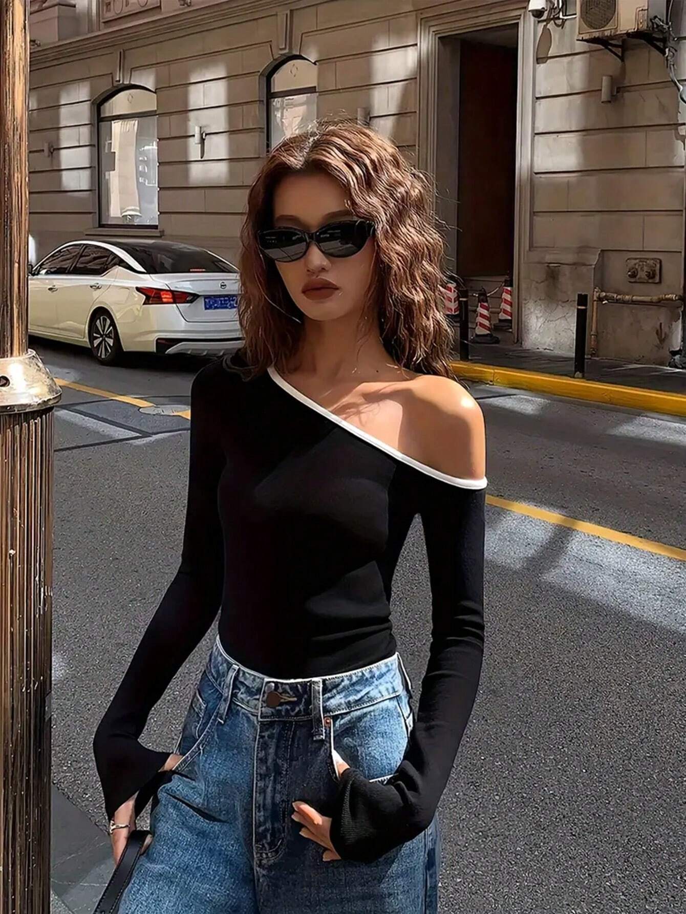 Calvaya Women's Fashionable Two-Tone Off Shoulder Fitted Long Sleeve T-Shirt
