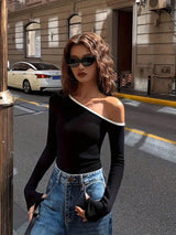 Calvaya Women's Fashionable Two-Tone Off Shoulder Fitted Long Sleeve T-Shirt