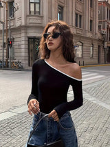 Calvaya Women's Fashionable Two-Tone Off Shoulder Fitted Long Sleeve T-Shirt