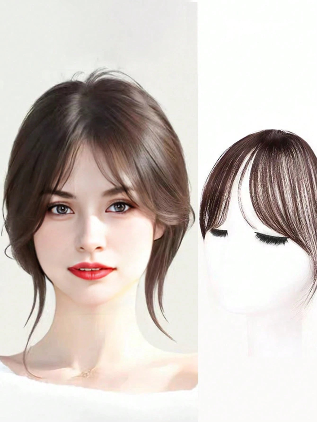 Center Part Bangs Synthetic Wig With Fringe, Simple Basic Style Brown and Black