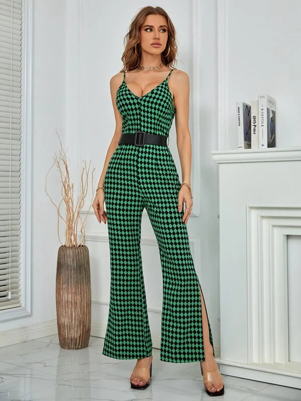 Checker Print Split Hem Belted Jumpsuit