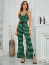 Checker Print Split Hem Belted Jumpsuit