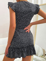 Chiquease Plunging Neck Ruffle Hem Ditsy Floral Dress