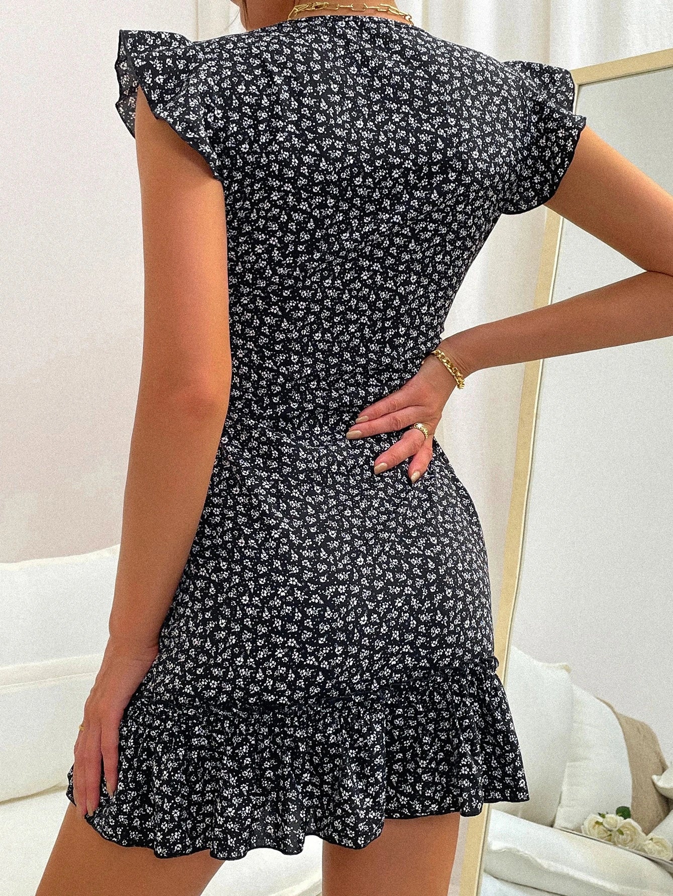 Chiquease Plunging Neck Ruffle Hem Ditsy Floral Dress