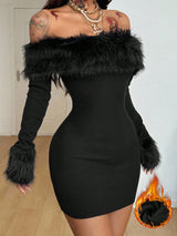 Coolane Women's Fall/Winter Streetwear Date Night Club Outfits Festival Y2K Fur Collar Dress Black