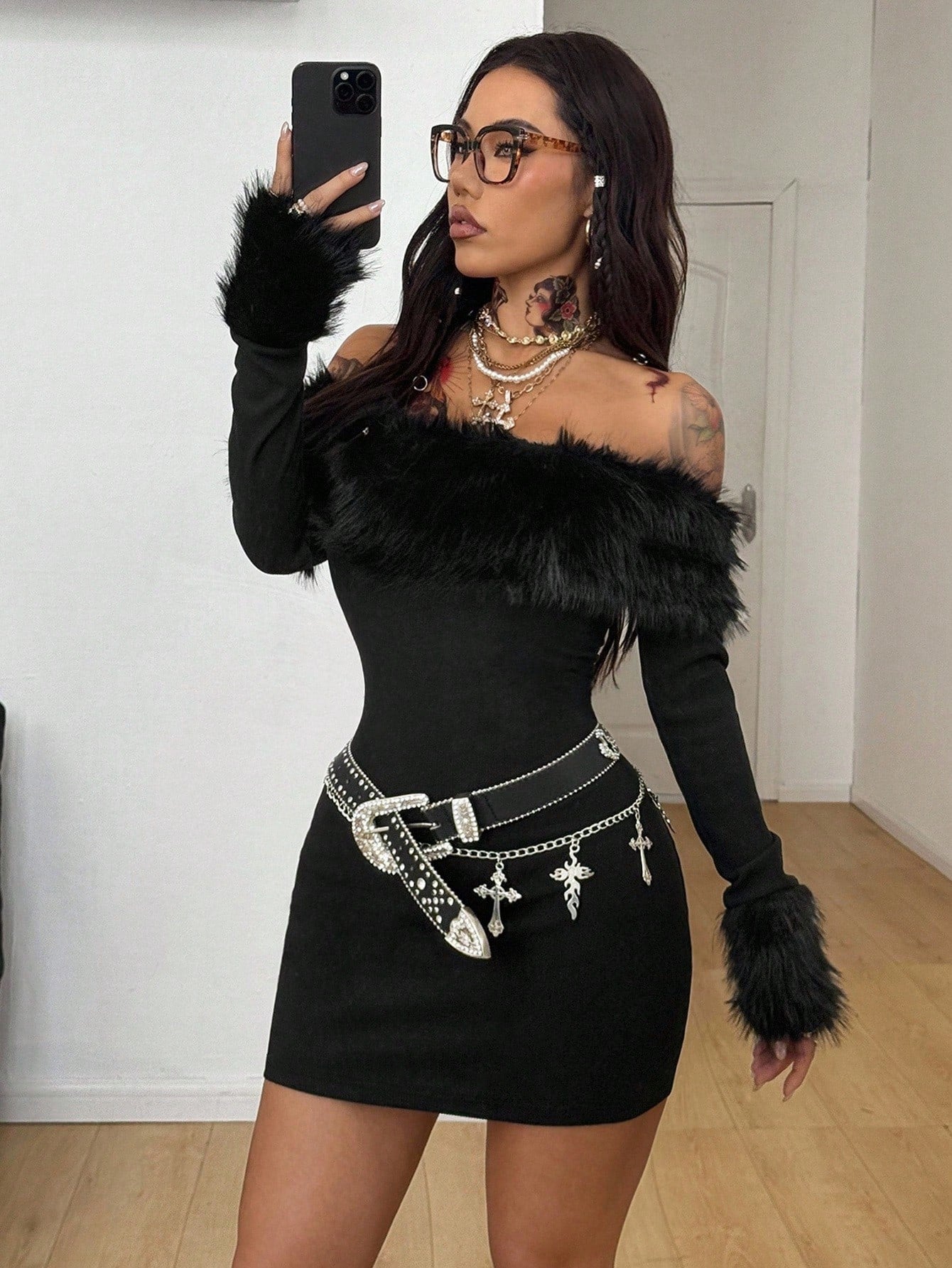 Coolane Women's Fall/Winter Streetwear Date Night Club Outfits Festival Y2K Fur Collar Dress Black