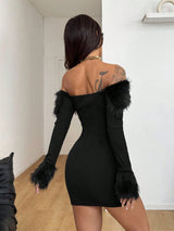 Coolane Women's Fall/Winter Streetwear Date Night Club Outfits Festival Y2K Fur Collar Dress Black