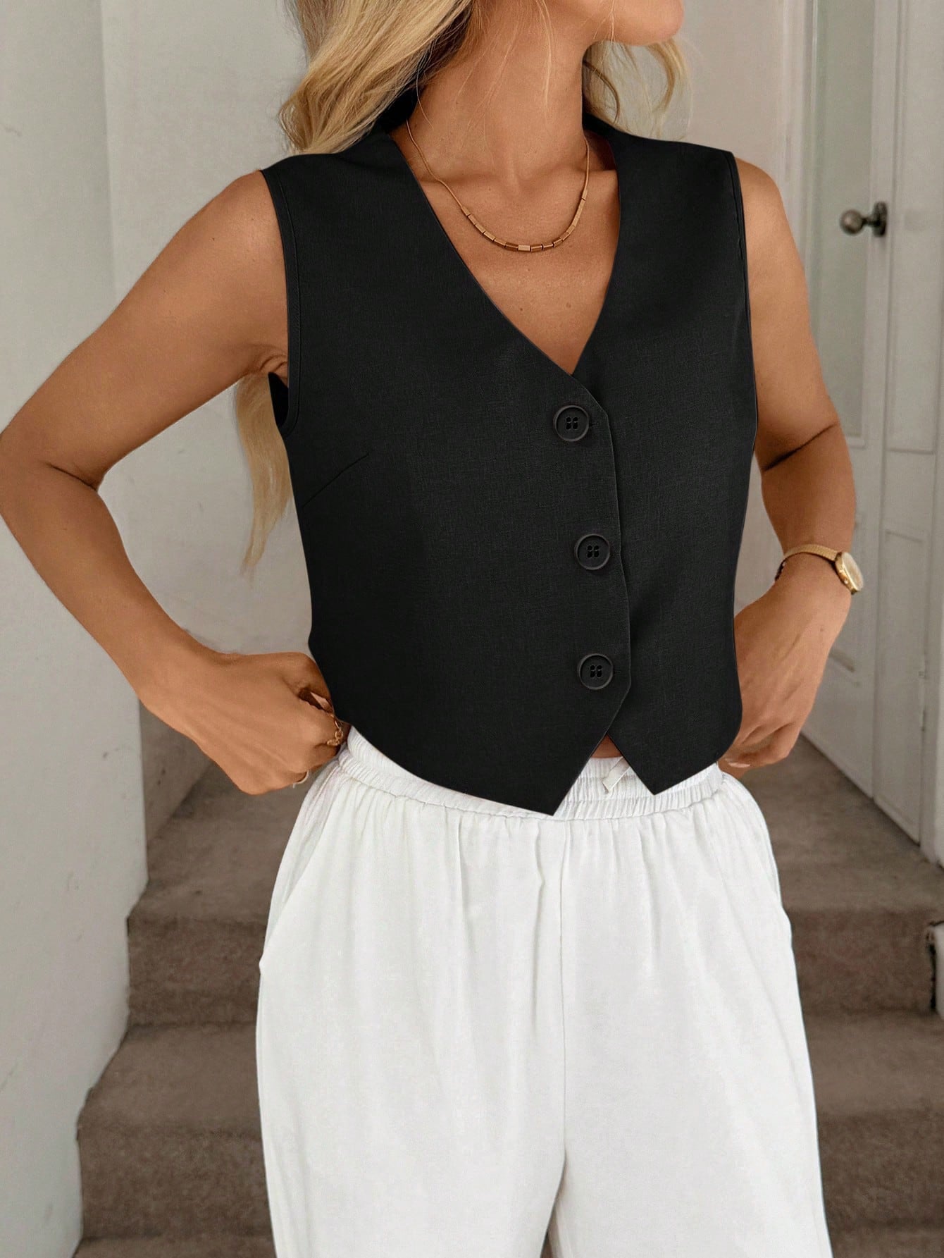 Easowa Black Vest Thin Jacket, Women Office Wear Blouse