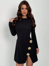 New Elegant Minimalist Commute Black Round Neck Cinched Waist Slit Metal Buckle Decor Long Sleeve Mini Dress