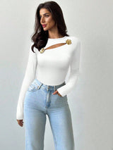 Firerie Women's Elegant Delicate Fashion Hollow Rose Metal Decor Tight Fit Long Sleeve Black T-Shirt