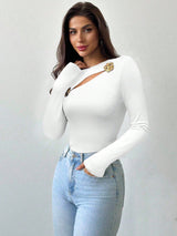 Firerie Women's Elegant Delicate Fashion Hollow Rose Metal Decor Tight Fit Long Sleeve Black T-Shirt