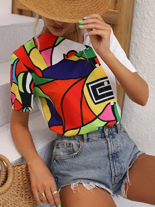 Geo Print Button Front Blouse
