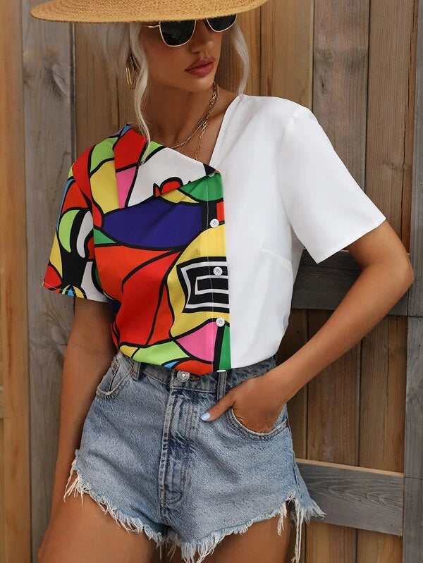 Geo Print Button Front Blouse