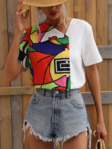 Geo Print Button Front Blouse