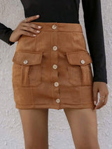 Flap Pocket Button Front Suede Skirt