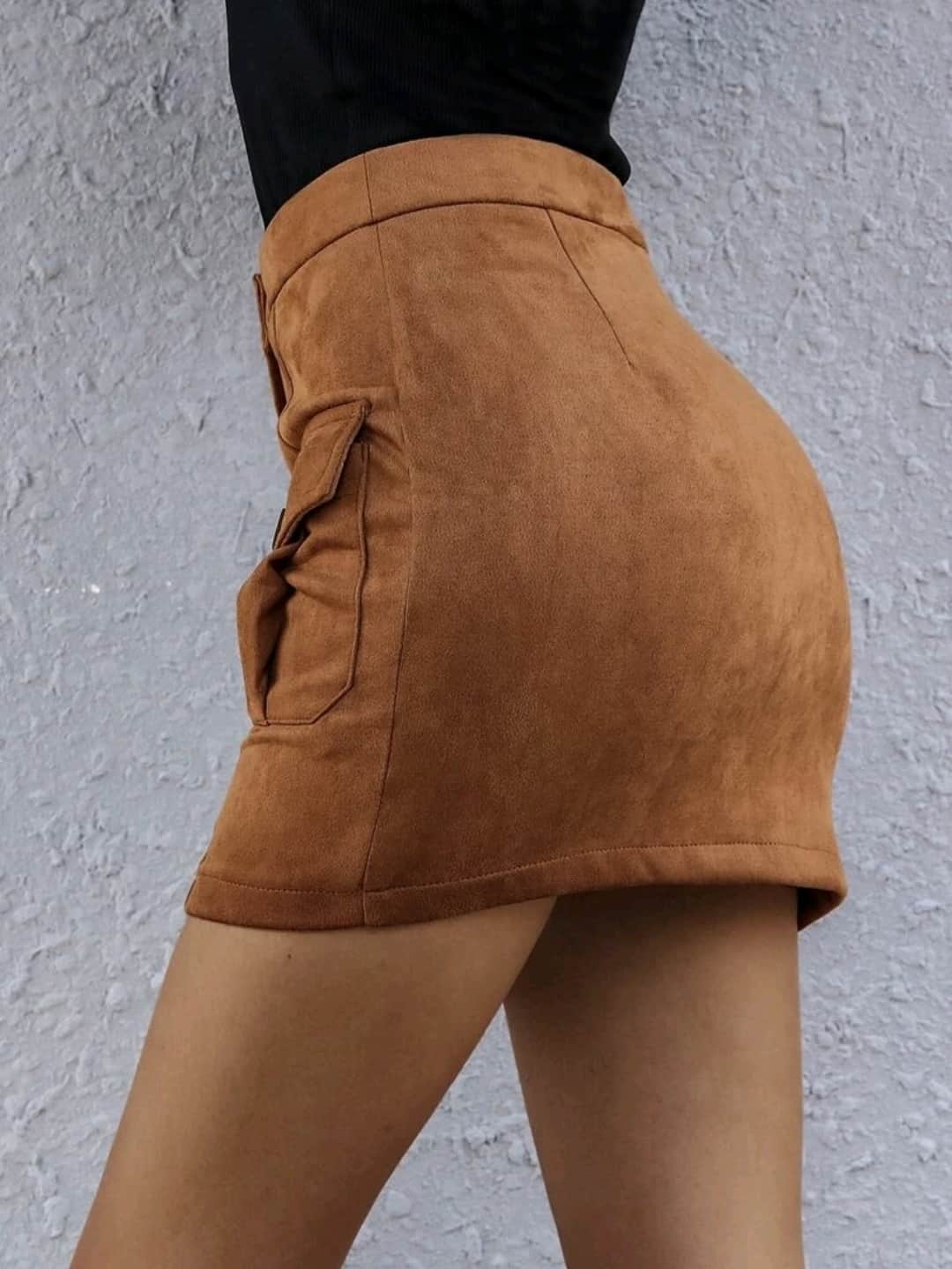 Flap Pocket Button Front Suede Skirt