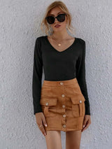 Flap Pocket Button Front Suede Skirt