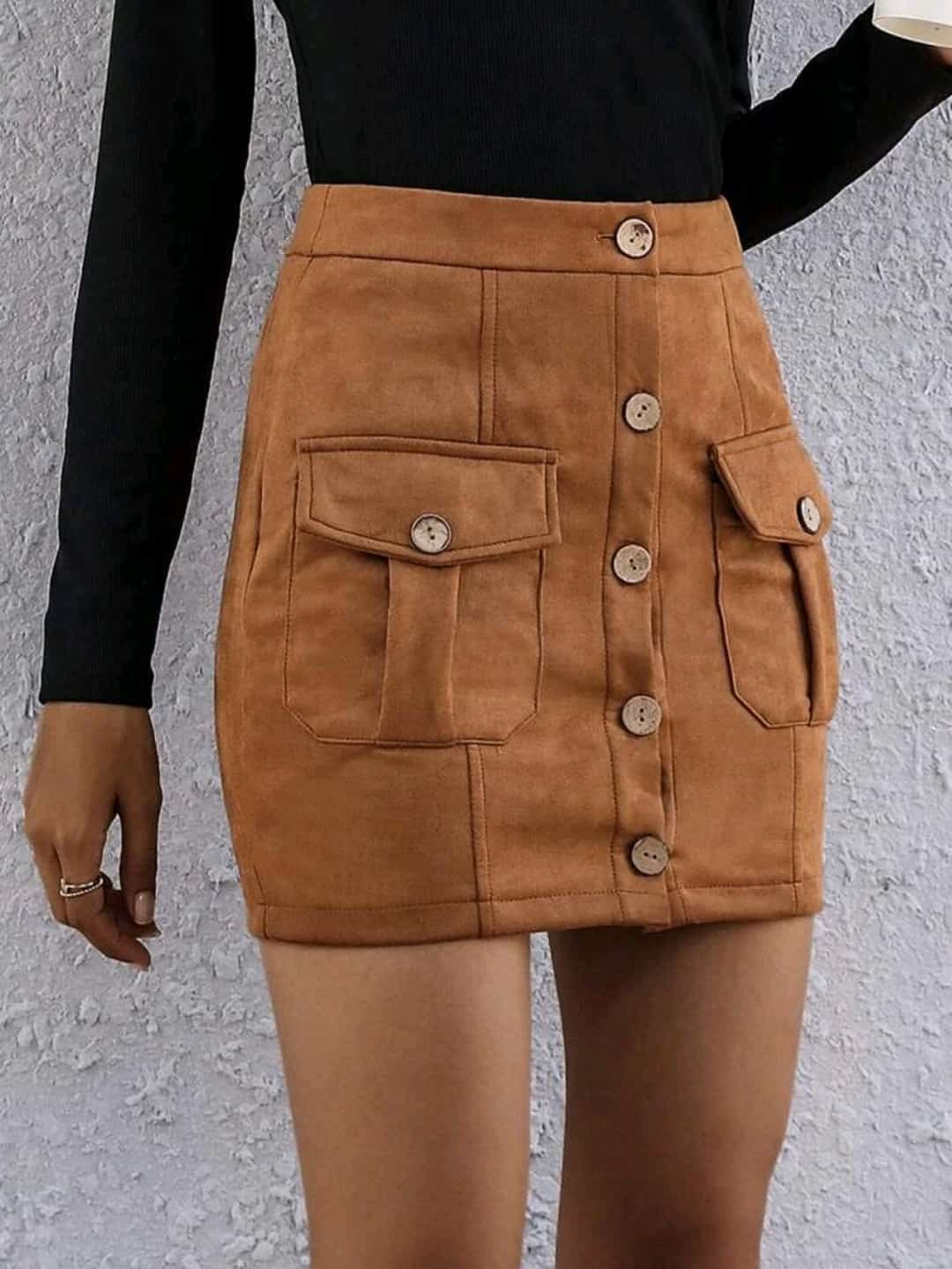 Flap Pocket Button Front Suede Skirt