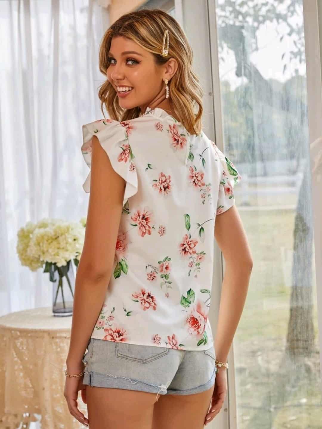 Floral Print Frill Neck Ruffle Sleeve Blouse
