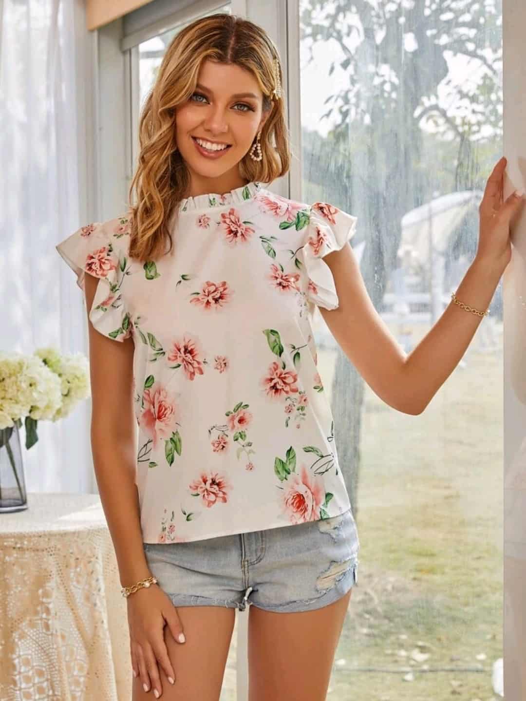 Floral Print Frill Neck Ruffle Sleeve Blouse