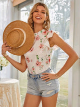 Floral Print Frill Neck Ruffle Sleeve Blouse