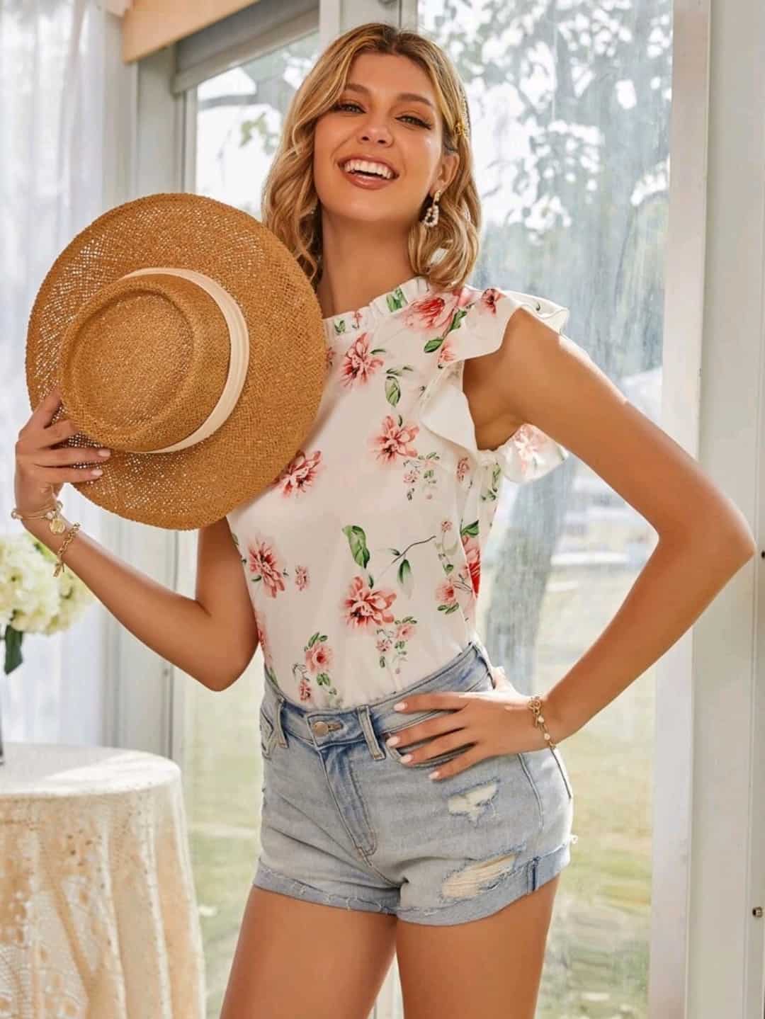 Floral Print Frill Neck Ruffle Sleeve Blouse