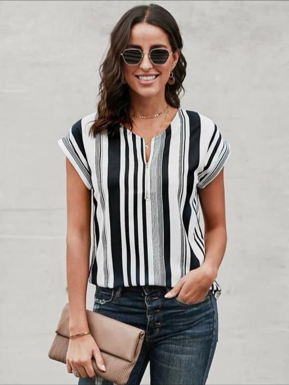 Contrast Striped Zip Half Top