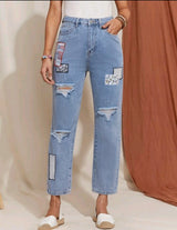 High Waist Patched Detail Straight Leg Jeans