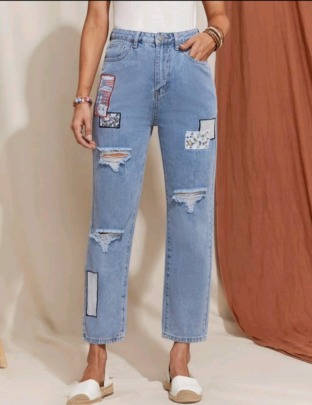 High Waist Patched Detail Straight Leg Jeans