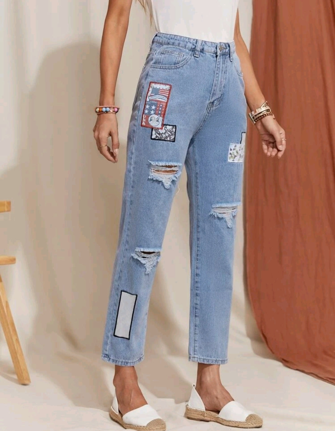 High Waist Patched Detail Straight Leg Jeans