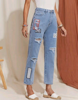 High Waist Patched Detail Straight Leg Jeans
