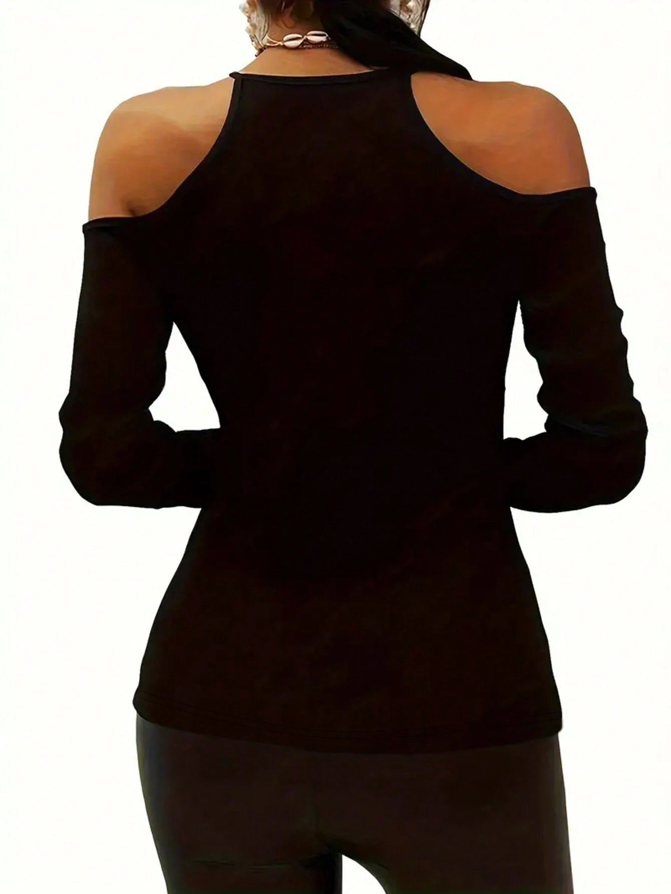 INAWLY Ladies' Solid Color Open Shoulder Long Sleeve Casual T-Shirt