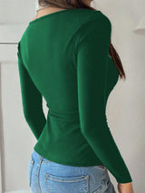 INAWLY Women's Fitted Sexy Hollow Metal Decor Button Front Long Sleeve T-Shirt
