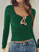 INAWLY Women's Fitted Sexy Hollow Metal Decor Button Front Long Sleeve T-Shirt