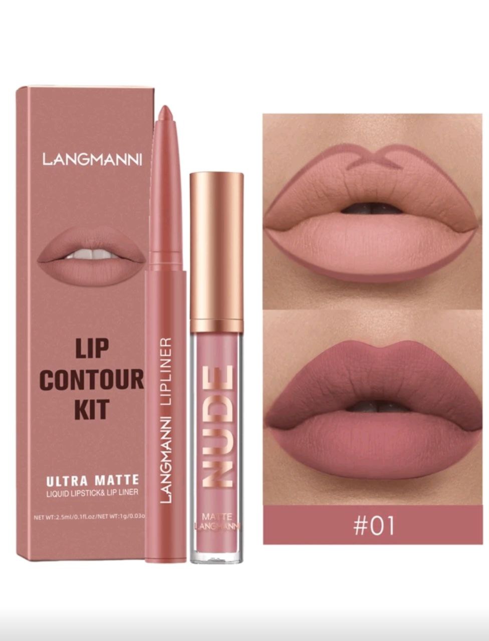 LANGMANNI 2Pcs Lipgloss+Lipliner Long-Lasting Waterproof Liquid Lipstick Makeup Set(#01)