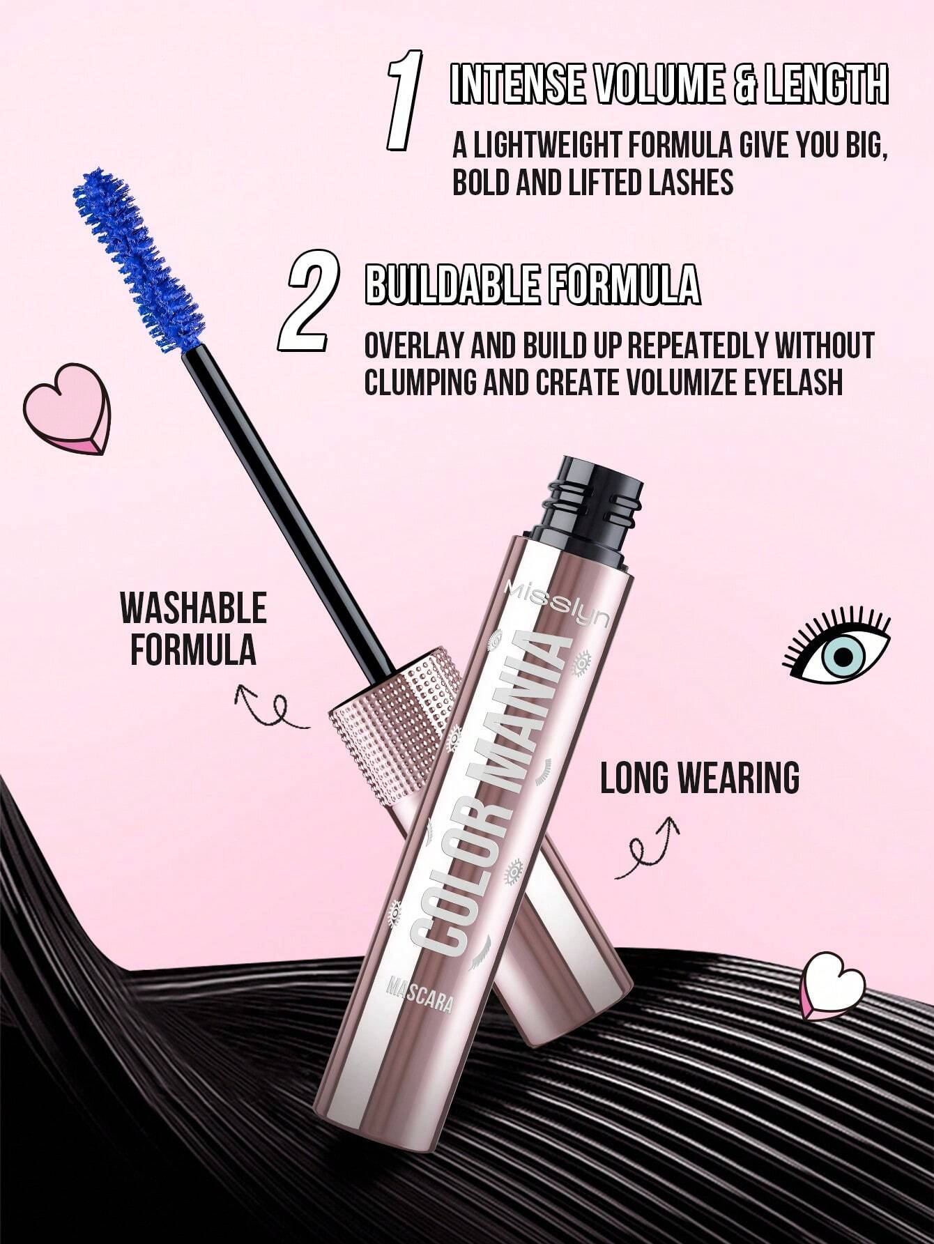 MissIyn Color Mania Mascara, Smudge Proof, Dramatic Volume, Long-Wearing, Volumizing Effect