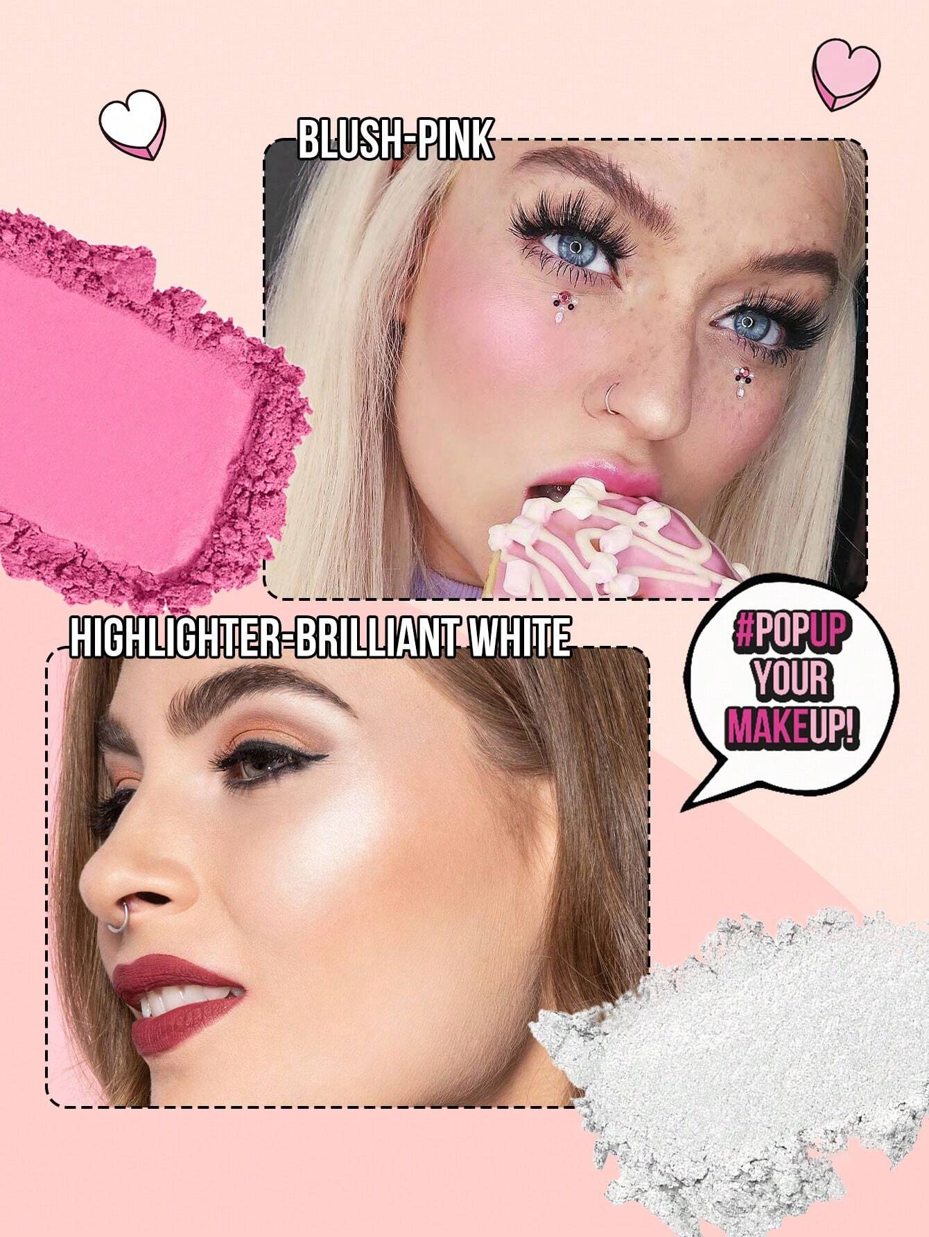 MissIyn Fruity Beauty Strobing Highlighter &amp; Highlighter Set, Shimmery Metallic Finish Brilliant White+Pink