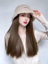 Autumn And Winter New Hat With Attached Long Straight Hair And Synthetic Wig Cap Integrated For Women Fisherman Hat With Imitation Wool Suitable For Daily Wear