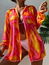 New Summer Beach Cover Up Sheer Mesh Printed Sunscreen Shirt Long Sleeve Beach