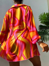 New Summer Beach Cover Up Sheer Mesh Printed Sunscreen Shirt Long Sleeve Beach