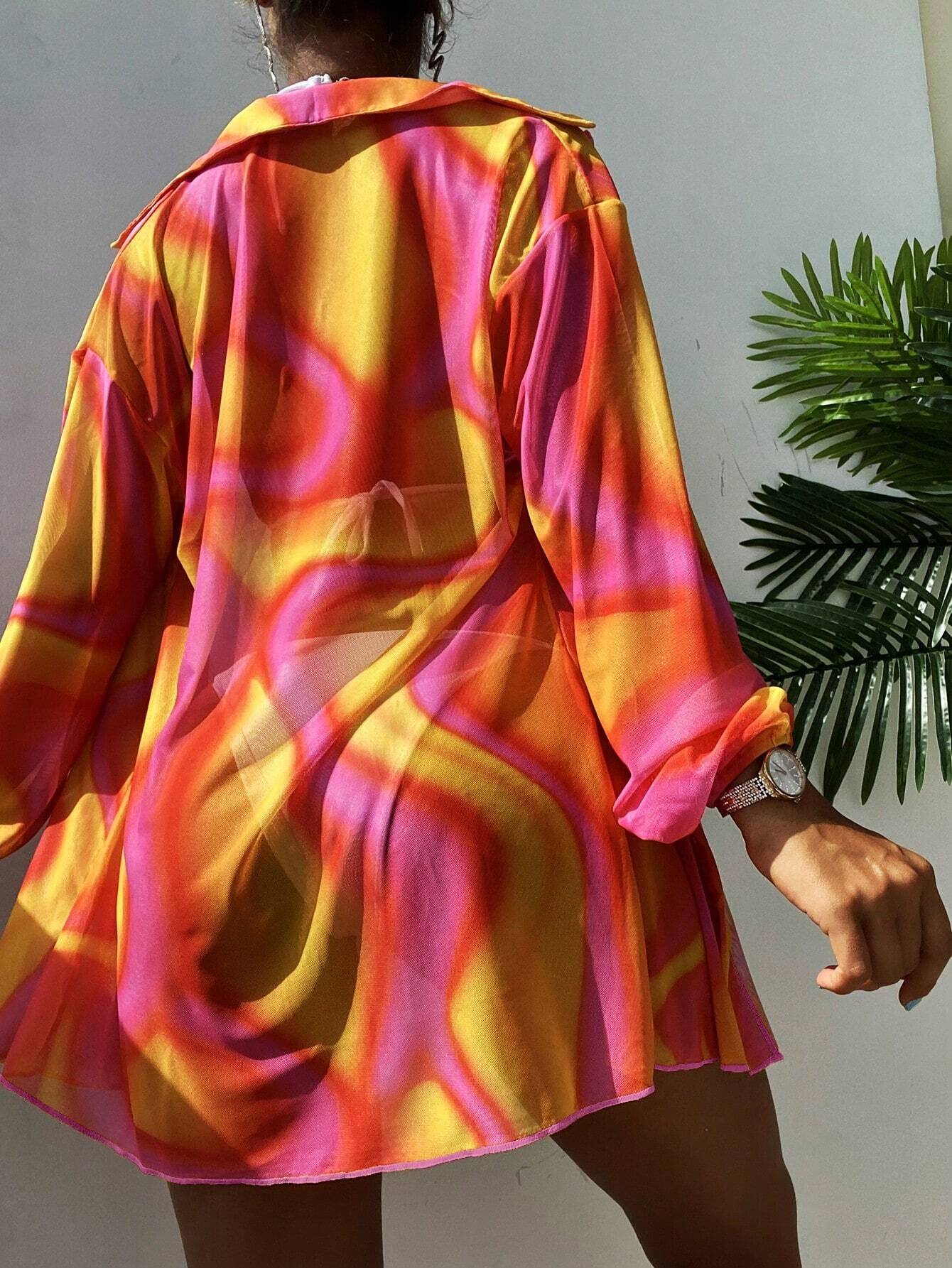 New Summer Beach Cover Up Sheer Mesh Printed Sunscreen Shirt Long Sleeve Beach