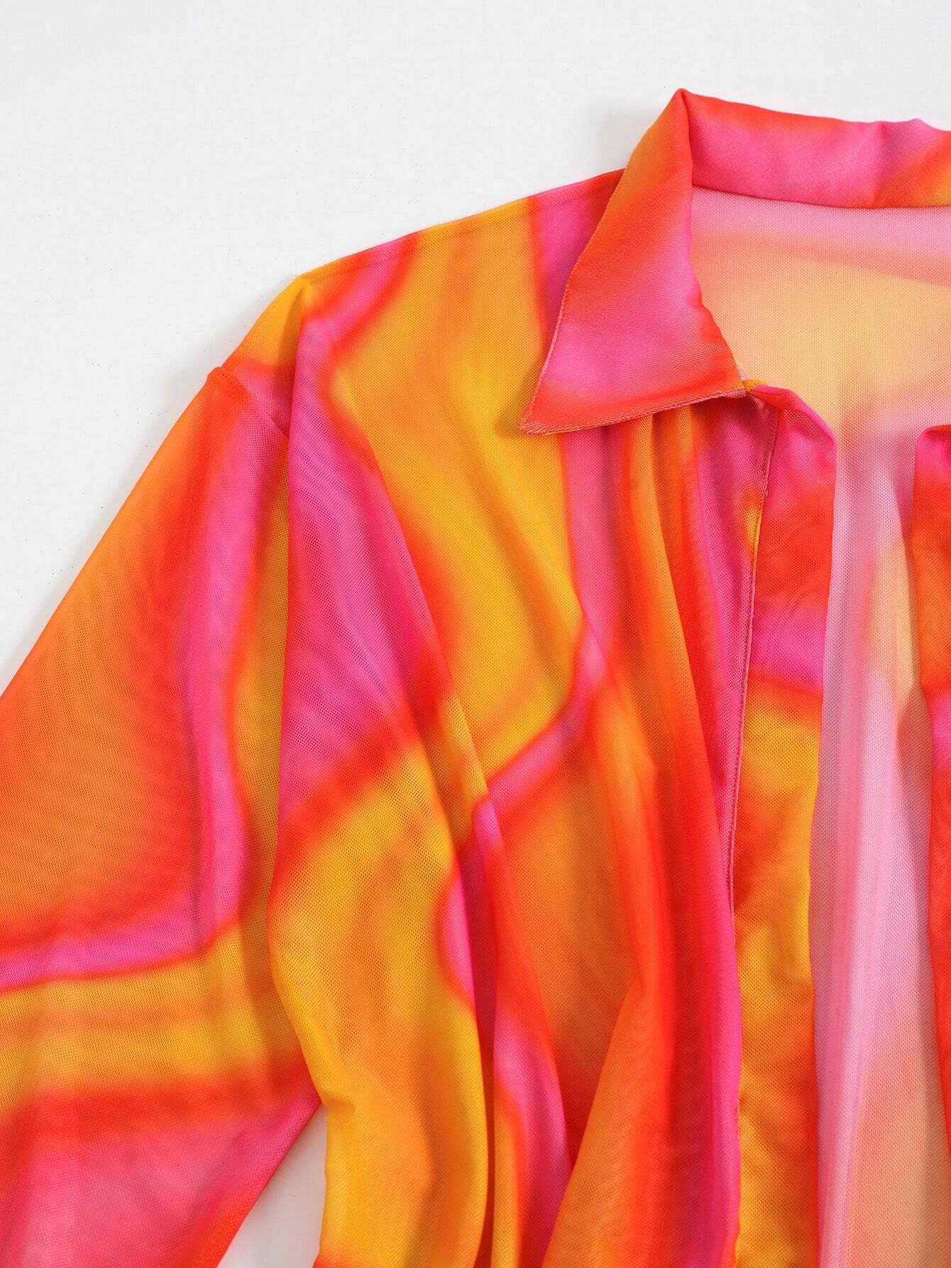 New Summer Beach Cover Up Sheer Mesh Printed Sunscreen Shirt Long Sleeve Beach