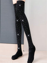 Oversized Black Embellished Knee-High Socks With Shiny Rhinestones