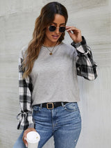 Plaid Print Knotted Cuff Flounce Sleeve Tee