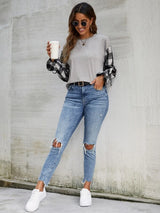 Plaid Print Knotted Cuff Flounce Sleeve Tee